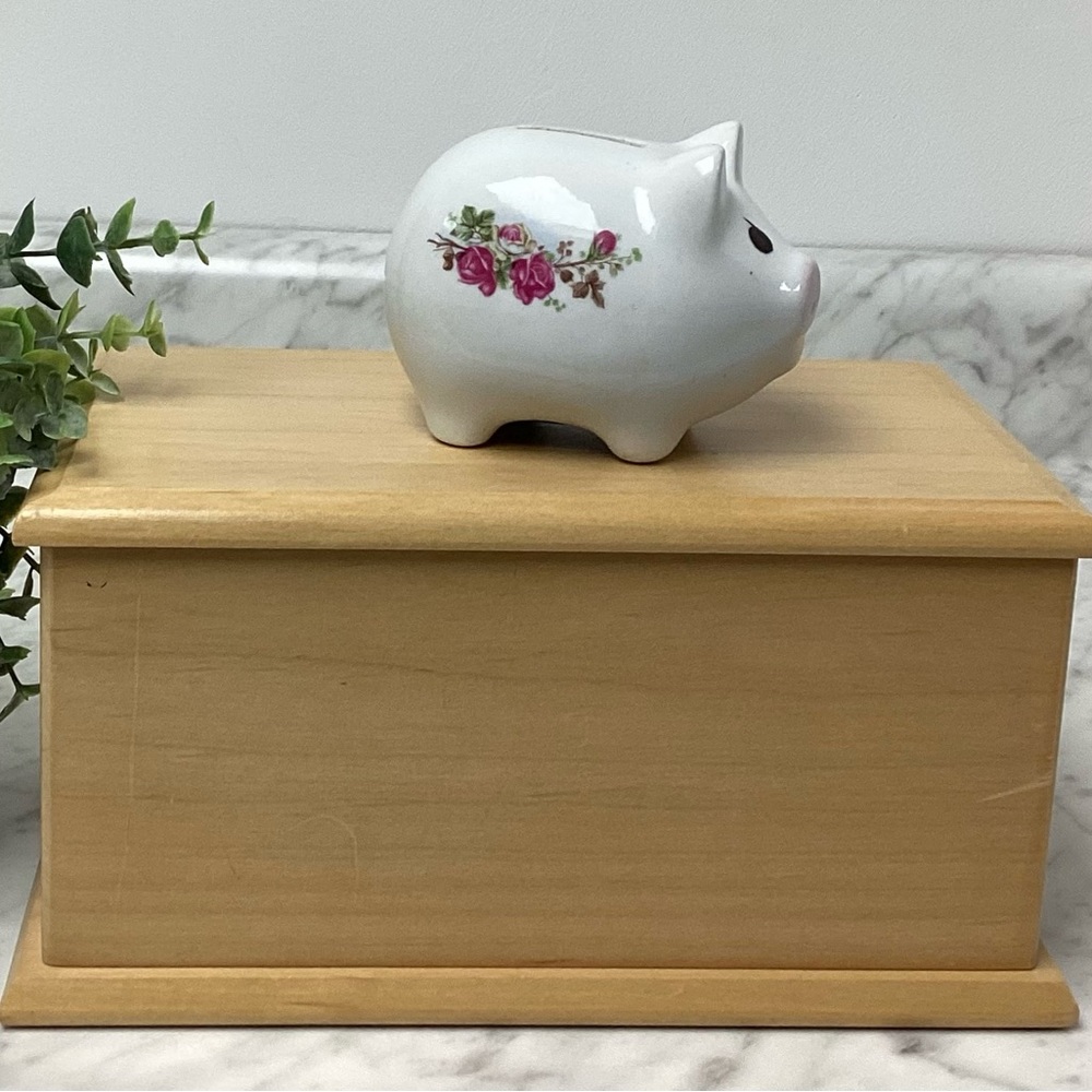 Unbranded small white piggy bank.